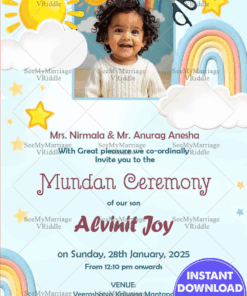 Whimsical Mundan Ceremony Invitation with Baby Photo and Pastel Rainbow Starry Sky Theme
