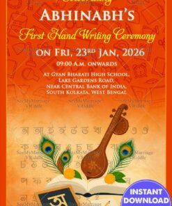Hate Khori Celebration Invitation Card with Orange Theme, Books, Veena and Peacock Feathers