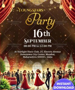 Youngstars Party Invitation Card with Dance Floor Lights and Dancing Crowd Illustration