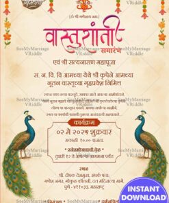 Peacock Theme Vastushanti and Satyanarayan Puja Card with Floral Garland and Ganesha Design