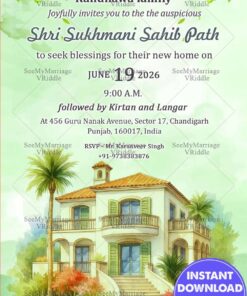 Green Theme Villa Shri Sukhmani Sahib Path Invitation for Housewarming Ceremony with Sikh and Punjabi New House Invitation