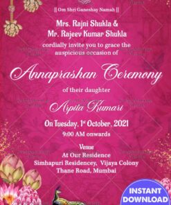 Pink Theme Annaprashan Ceremony Invitation Card with Peacock, Lotus and Ganesha Motif