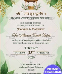 Green & Gold Sri Akhand Paath Sahib Invitation for Housewarming Ceremony with Sikh events, Punjabi invite