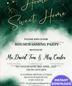 Green Watercolor Housewarming Party Invitation Elegant Splash Theme with Gold Glitter Accents