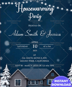 Winter Night Snow Themed Housewarming Party Invitation Western Style with Cozy Blue Charm