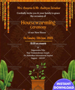 Traditional Brown Theme Housewarming Invitation Marigold Garlands and Banana Leaves