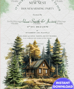 Watercolour Cozy Cabin Housewarming Party Invitation Card with Dreamy Woodland Nest
