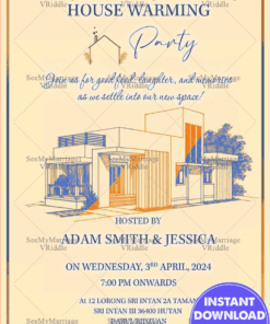 Modern Line Art Housewarming Invitation Featuring Cream Background with Blue and Orange Architectural Sketch