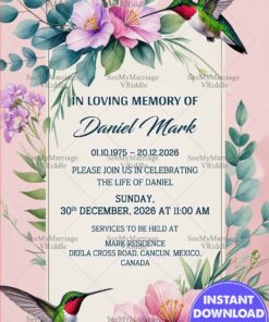Humming Bird Blossom Memorial Invitation with Lily Theme Celebration of Life