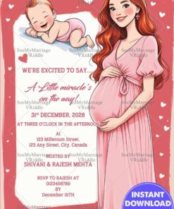 Baby Cartoon and Mom Pregnancy Announcement Card with Soft Pink Theme and White Hearts