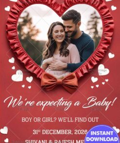 Heart Frame Pregnancy Announcement Card with Add Photo, Red Theme and White Hearts