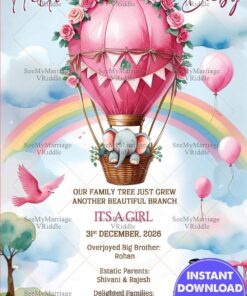 Hot Air Balloon Pregnancy Announcement Card with Rainbow, Elephant and Train