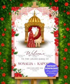 Anand Karaj Welcome Sign Board with Traditional Couple, Red Floral Theme & Golden Mandap