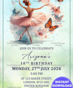 Ballerina and Butterfly Birthday Party Invitation Card with Dance Position