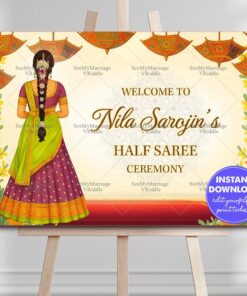 Traditional Welcome Sign Board for Half Saree Ceremony – Girl in Bright Lehenga with Floral Décor & Umbrella Motif