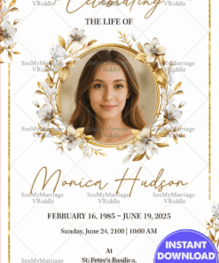 Christian Funeral Invitation Card Gold Floral Frame with Photo Option Memorial Design