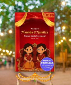 Twin Sister in Sari Gunyo Cholo Ceremony Welcome Sign Board with Red Theme and Royal Sofa