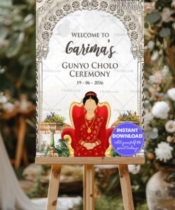Gunyo Cholo Welcome Sign Board with Traditional Arch and Seated Girl Illustration
