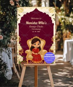 Red Sari Gunyo Cholo Ceremony Welcome Sign Board with Ghibli Maroon Background and Floral Arch