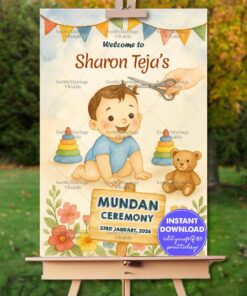 Mundan Ceremony Welcome Sign Board with Baby Illustration in Watercolor Cream Theme
