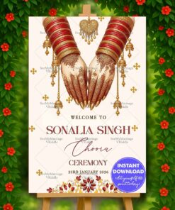 Traditional Choora Ceremony Welcome Sign Board Bride’s Hand Illustration with Red Bangles in white BG