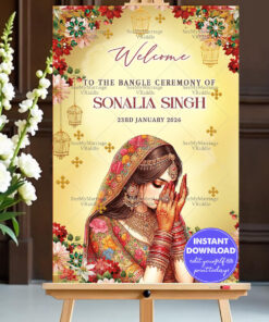 Bangle Ceremony Welcome Sign Board Celebration with Bride Illustration in Golden and Red Floral Theme