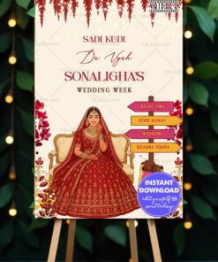 Punjabi Wedding Week Welcome Sign Board Bride Illustration with Event Details in Cream Background