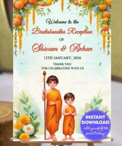 Welcome Sign Board for Bratabandha Reception Card with Illustrated Siblings in Traditional Attire