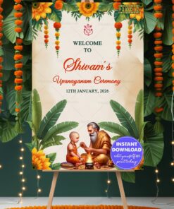 Welcome Sign Board for Upanayanam with Guru-Boy Ritual Illustration and Vedic Elements