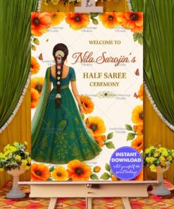 Welcome Sign Board for Half Saree Ceremony – Featuring Traditional Girl, Orange Florals & Peacock Motif