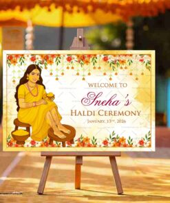 Haldi Bliss Ceremony Welcome Sign Board with Marigold and Floral decorations