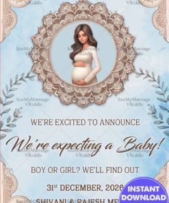 Mandala and Blue Theme Pregnancy Announcement with Add Photo and Floral Accents