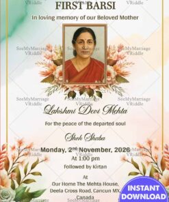 Hindu First Barsi Memorial Invitation Card with Add Photo and Floral Border