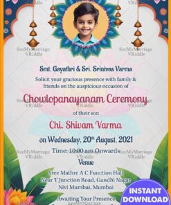 Chowlopanayanam Ceremony Card with Add Photo, Floral Theme, Banana Leaves and Flowers