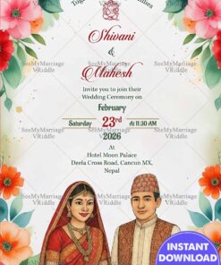 Nepali Wedding Invitation Card with Illustrated Bride-Groom and Vibrant Flower