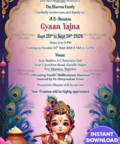 Spiritual Gyaan Yajna Invitation Card with Baby Krishna Illustration, Peacock Feather and Butter Pot