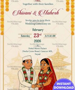 Temple Background Nepali Wedding Invitation Card with Illustrated Couple and Cultural Elements