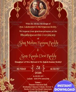 Red and Gold Theme Shastipoorthi Ceremony Card with Add Photo, Ornate Floral Design and Couple Portrait