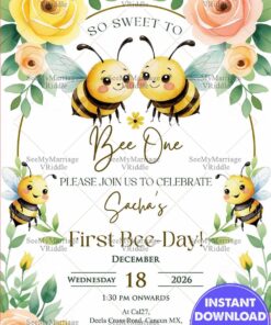 Bee Theme First Birthday Invitation with Leafy Greenery and Blush Blooms