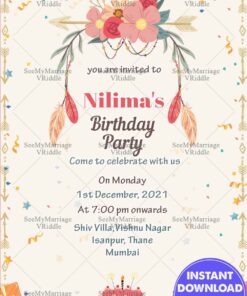 Boho Florals Girl’s Birthday Party Invitation with Feathers and Cake Design