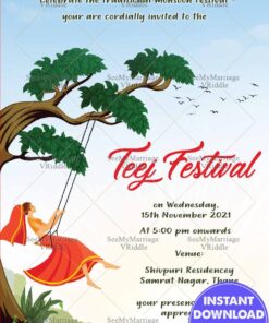 Woman on Tree Swing Teej Festival Invitation with Nature Background