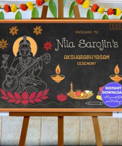 Traditional Blackboard-Style Vidyarambham Welcome Board with Goddess Saraswathi and Chalk Art Illustrations