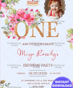 Pink Floral First Birthday Invitation Card with Baby Girl Theme Elegant Design with Add Image Option