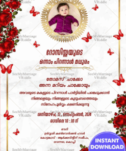 Malayalam Baby Birthday Card Design with Elegant Red Roses, Butterfly Elements & Cute Baby Photo