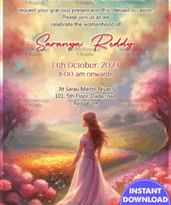 Modern Half Saree Ceremony Invitation with Dreamy Pastel Bloom Elegance with Girl Illustration
