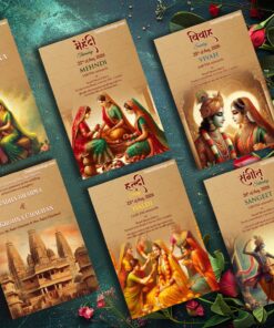Radha Krishna Theme Wedding Invitation Set with Ritual Illustrations and Mehndi, Haldi, Sangeet, Vivah
