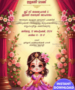 Traditional Malayalam Half Saree Invitation Celebrating the Womanhood in Elegant Pink Theme With Girl Illustration
