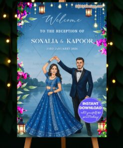 Reception Welcome Sign Board with Dancing Couple Illustration by the Lake in Floral & Lantern Theme