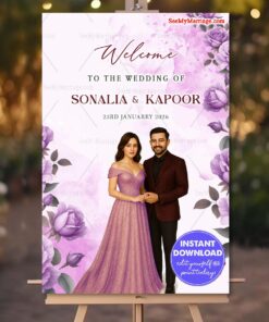 Welcome Sign Board for Wedding with Couple Caricature Illustration in Lavender Floral Theme