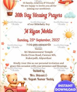 Teddy Theme 30th Day Baby Blessing Prayers Invitation Card with Train, Balloon and Airplane Design